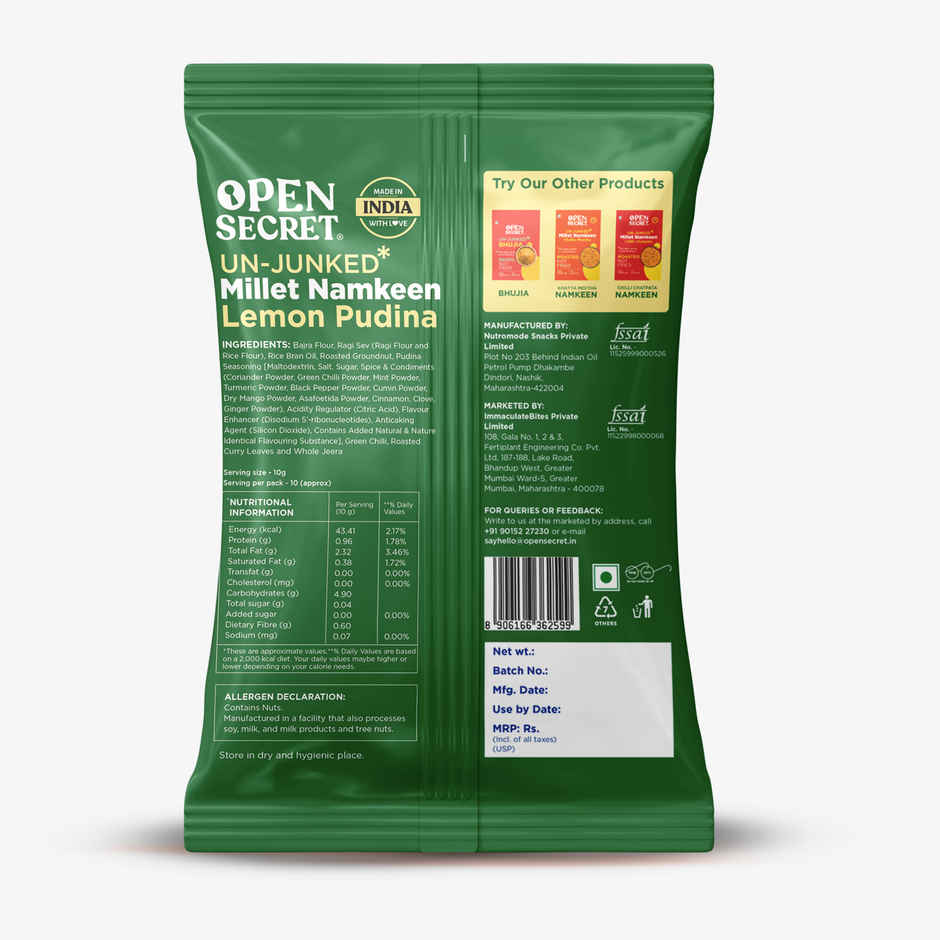 Open Secret Healthy Namkeen Lemon Pudhina | Roasted Snacks, No Palm Oil contains millets