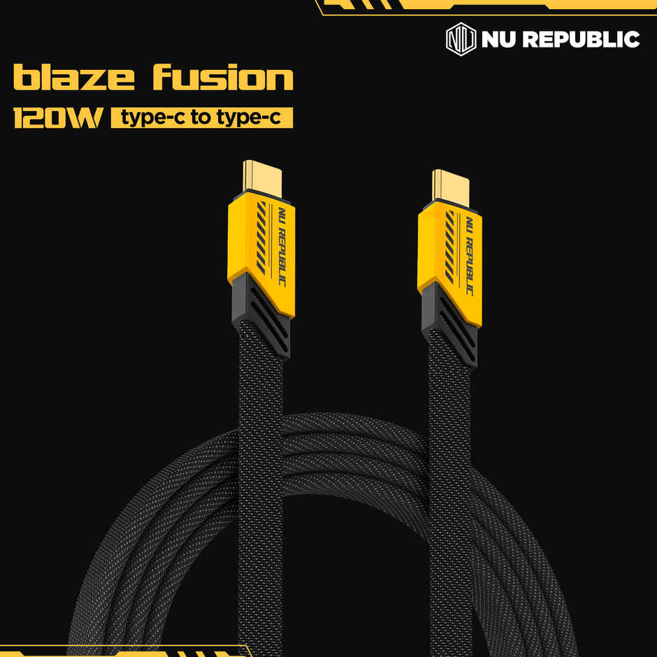 Nu Republic Blaze Fusion 120W 1.2 M Type-C To Type-C Fast Charge Carbon Fibre Texture Braided Cable (Compatible With Mobile, Tablet, Laptop, Speakers)1.2M - Yellow & Black