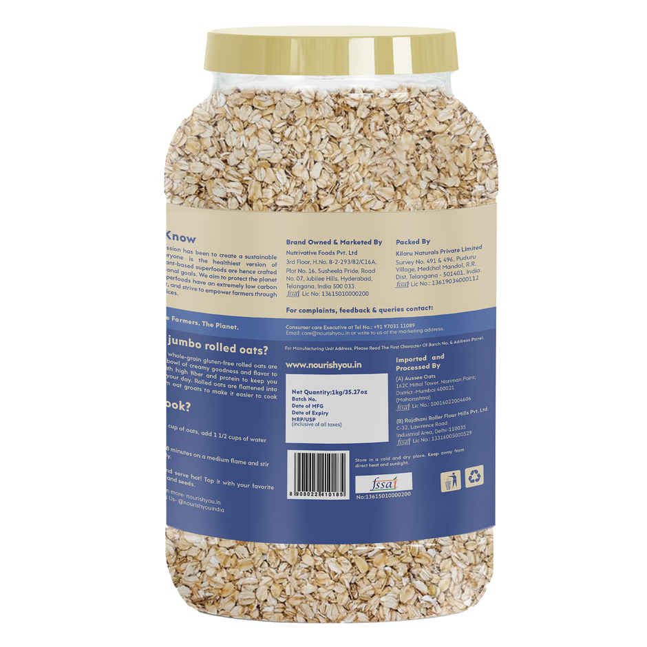 Nourish You Jumbo Rolled Oats - Gluten free , Breakfast Cereal Jar