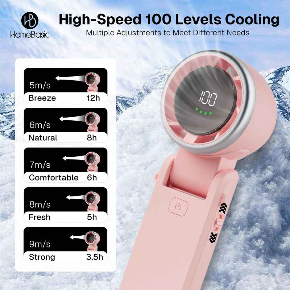 Homebasic Turbo Frost Mini USB Portable Fan,13000RPM,100 Speeds,Rechargeable, Digital Display, Pink