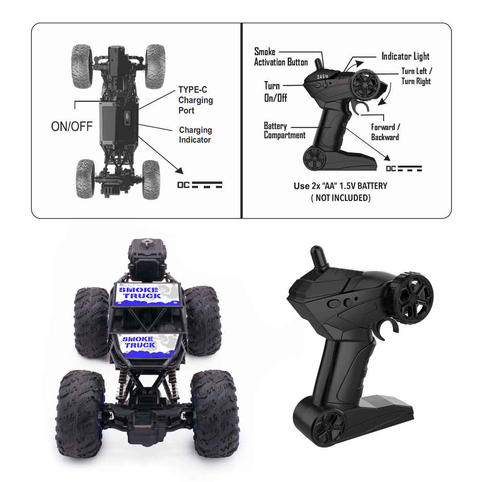 SEEDO Remote Control Car 1:18 , 2.4 GHz, Type-C Rechargeable, Fast Speed Smoke Rock Crawler | Blue