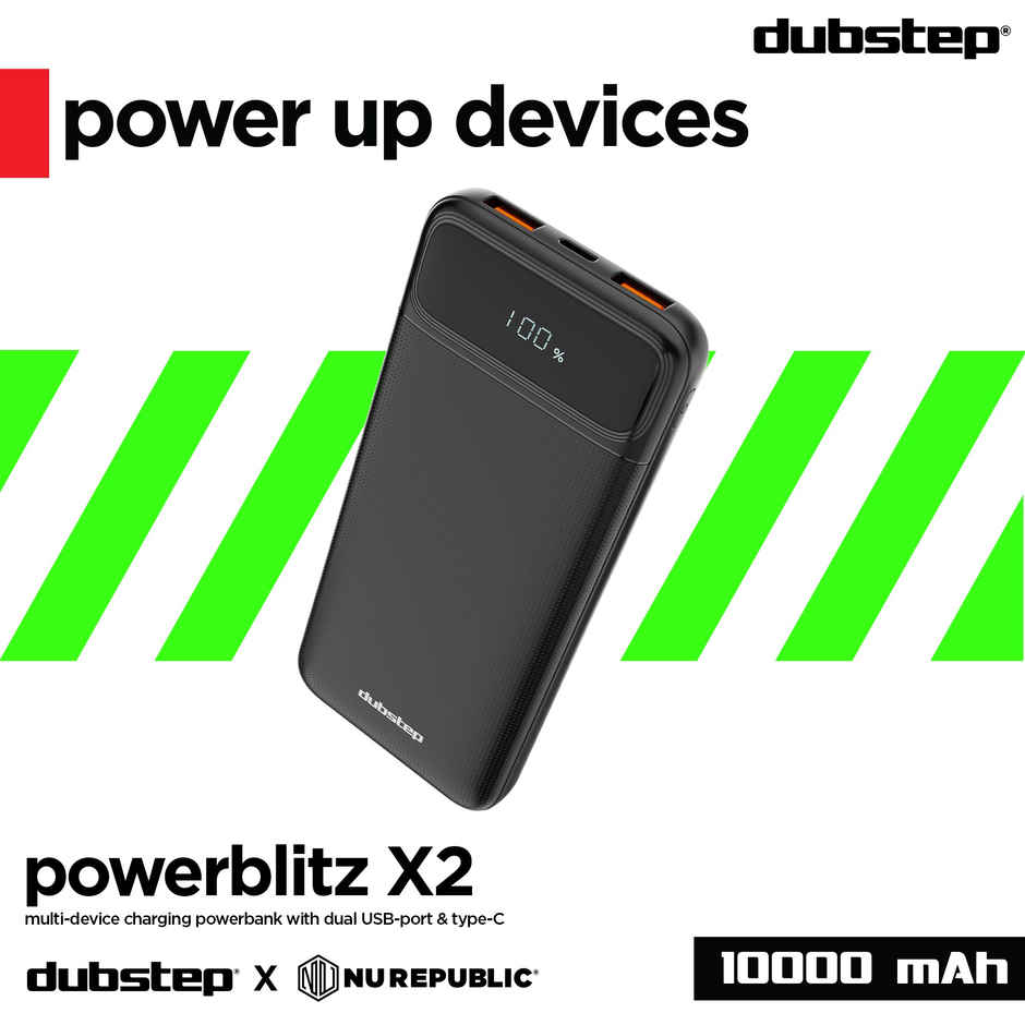 Dubstep Powerblitz X2 10,000 mAh with Dual USB Port & Type-C Multi Device Charging Powerbank (Black)