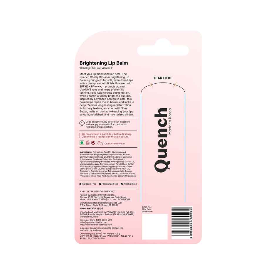 Quench SPF 60+ PA++++ Brightening Lip Balm with Kojic Acid & Vitamin C