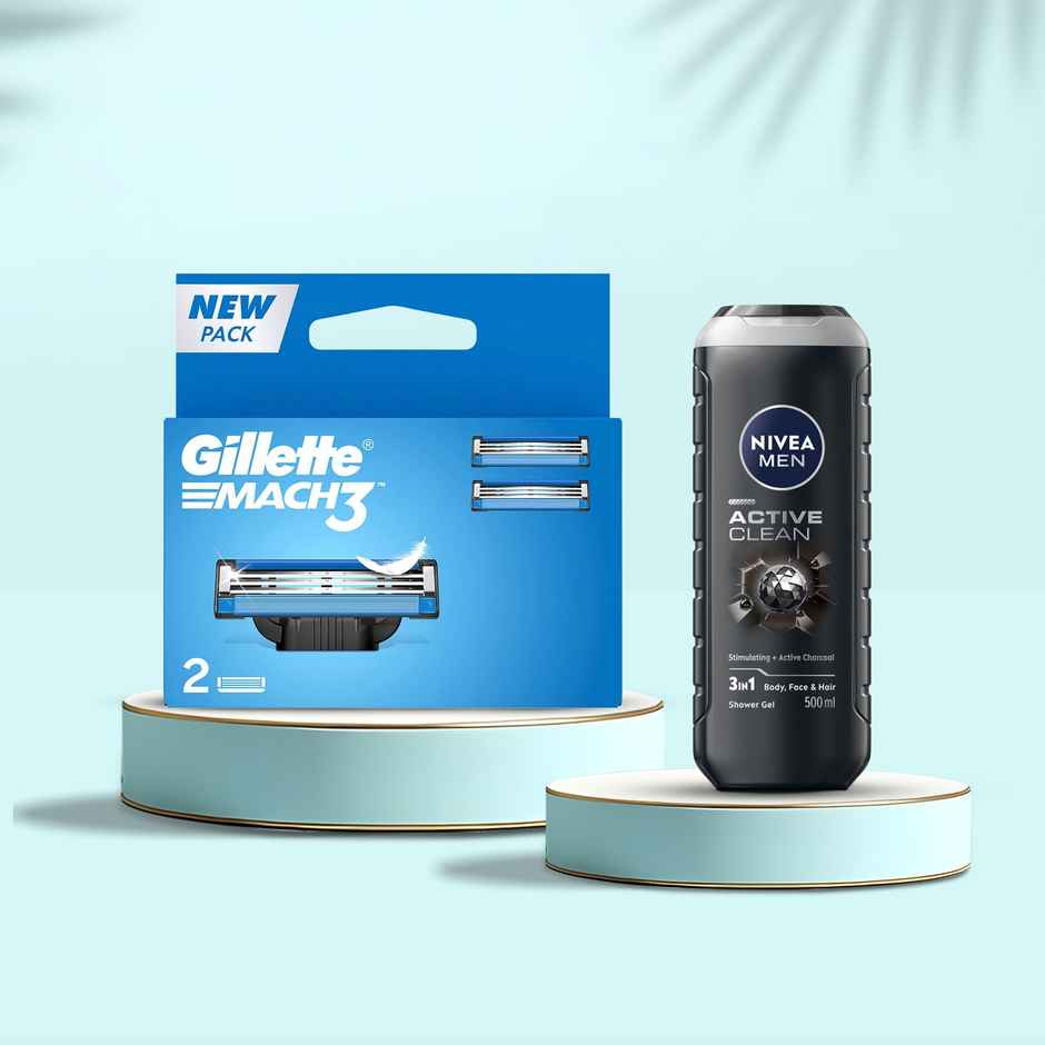 Gillette Mach 3 Shaving Razor Blades For Men (2 Cartridges) (2pc) & Nivea Men Active Clean Shower Gel (500ml) Combo
