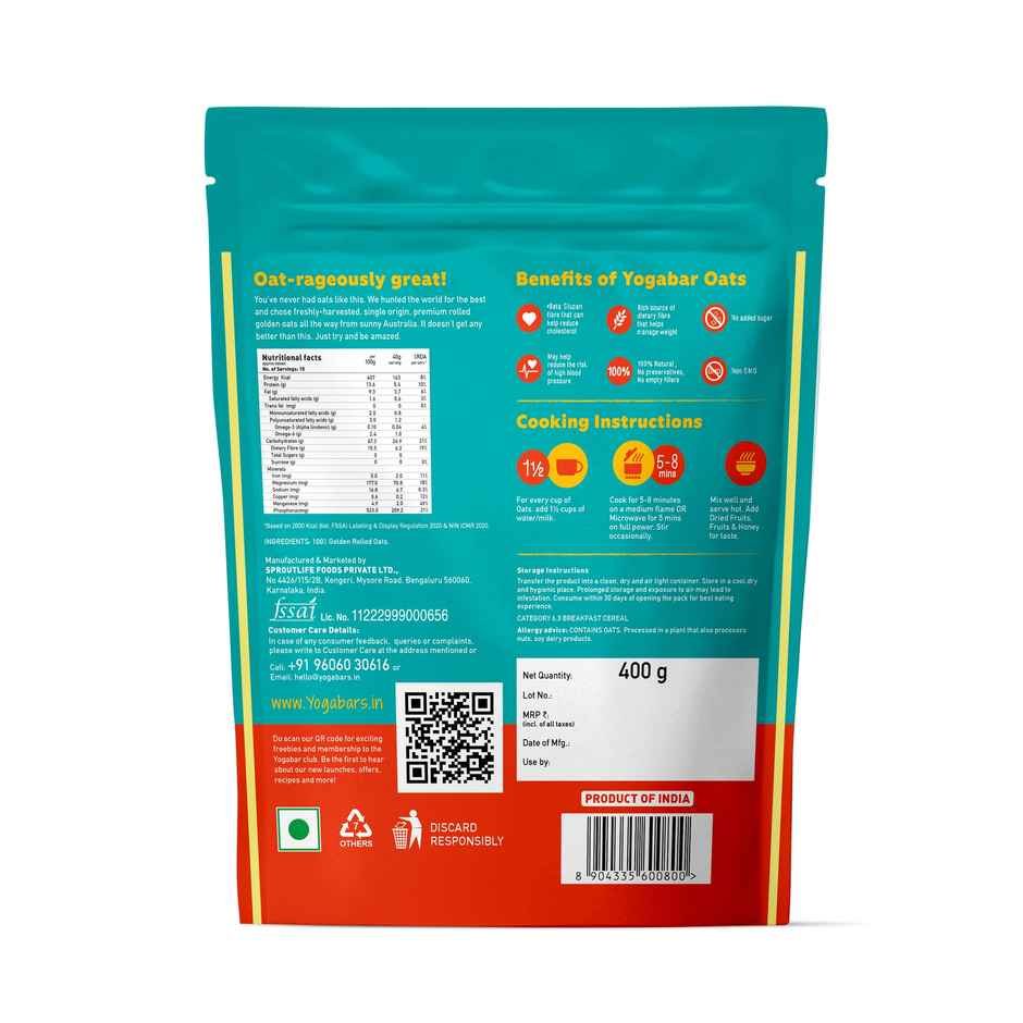 Yoga Bar  Rolled Oats 400g Pouch | Premium Golden Rolled Oats, Gluten Free Oats with High Fibre