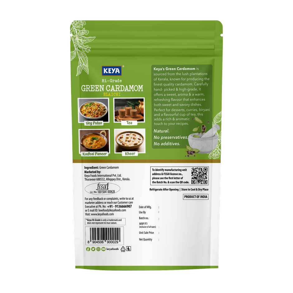 Keya Hi-Grade Green Cardamom Whole - Elaichi Green | Natural | No Additives