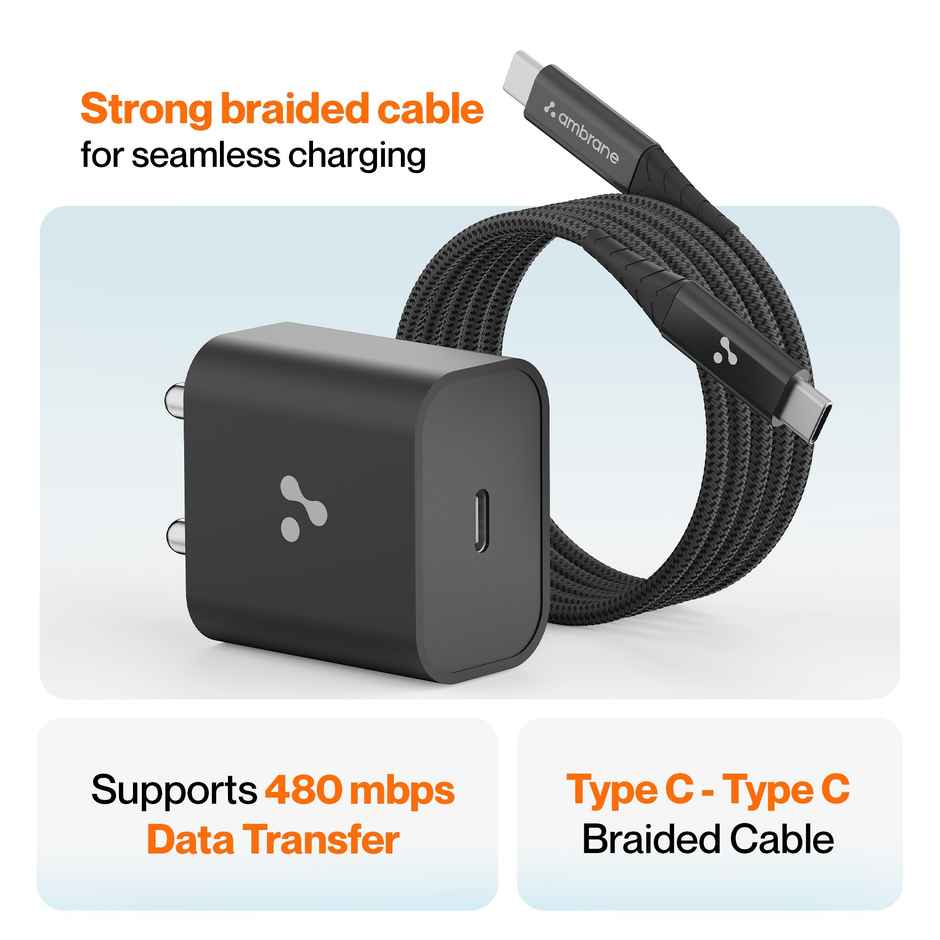 Ambrane 20W Type C Mobile Charger Adapter with Type-C to Type-C Charging Cable- White