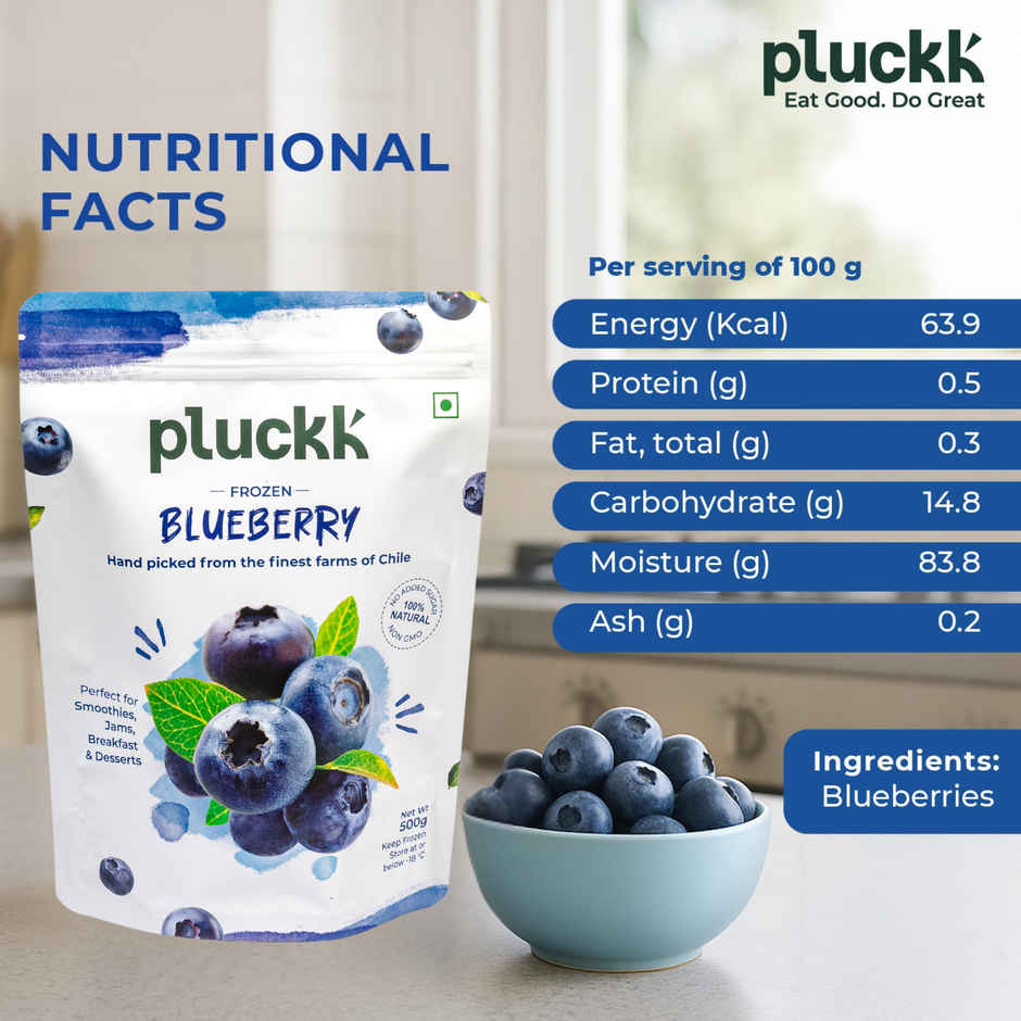 Pluckk Fresh Frozen Blueberry Imported Natural Non GMO Antioxidant Rich Superfood Snack