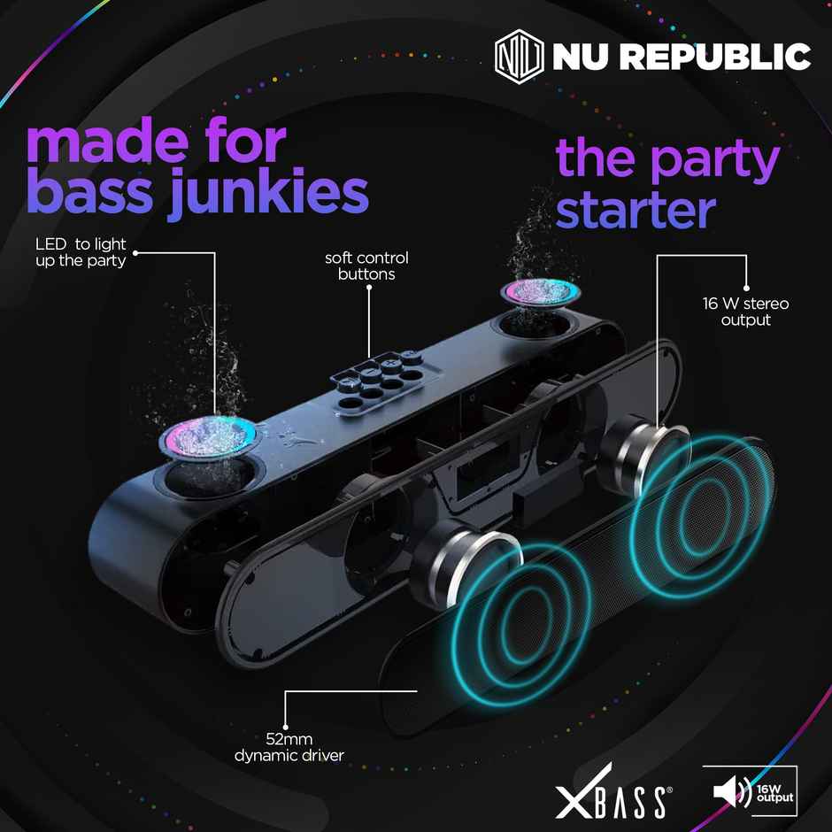 Nu Republic Party Box 16 Soundbar With X-BassTechnology, Upto 10 Hrs Playtime, Multiple RGB Modes, 16 W Bluetooth Soundbar, 2.0 Channel - Black