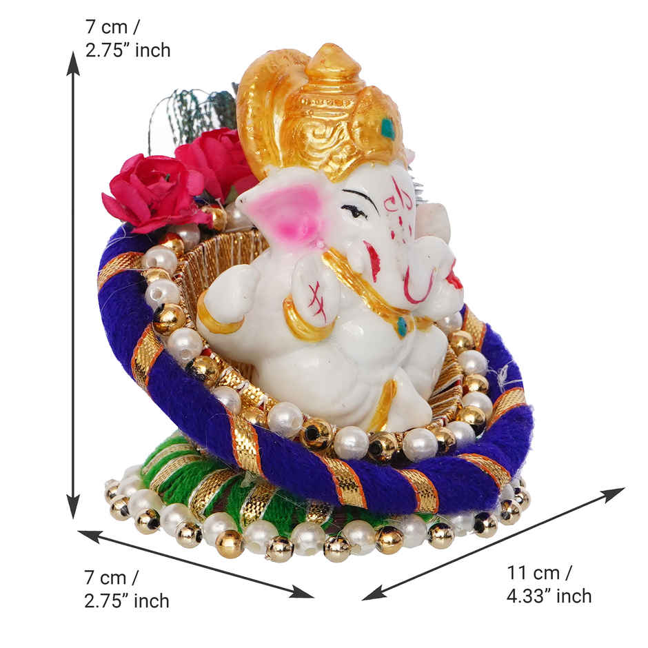 eCraftIndia Lord Ganesha Idol on Decorative Handcrafted Floral Plate for Home and Car