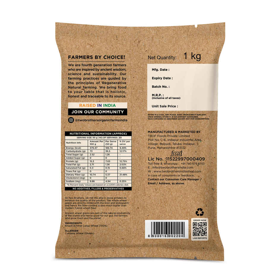 Two Brothers Stoneground Khapli | Emmer Wheat Atta, High Fibre