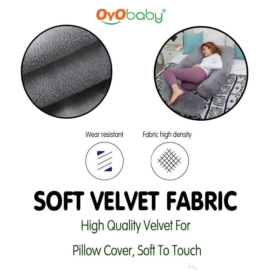 Oyo Baby Pregnancy Pillows For Sleeping J-Shape Full Body Support Velvet Cover Grey