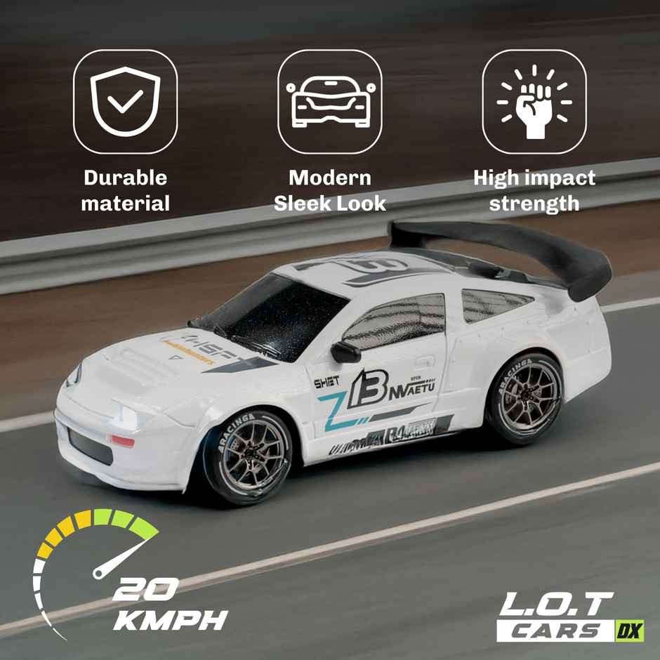 RC Drift Car with 4 extra wheels, 20kmph & Boost Mode | Flare - Track White