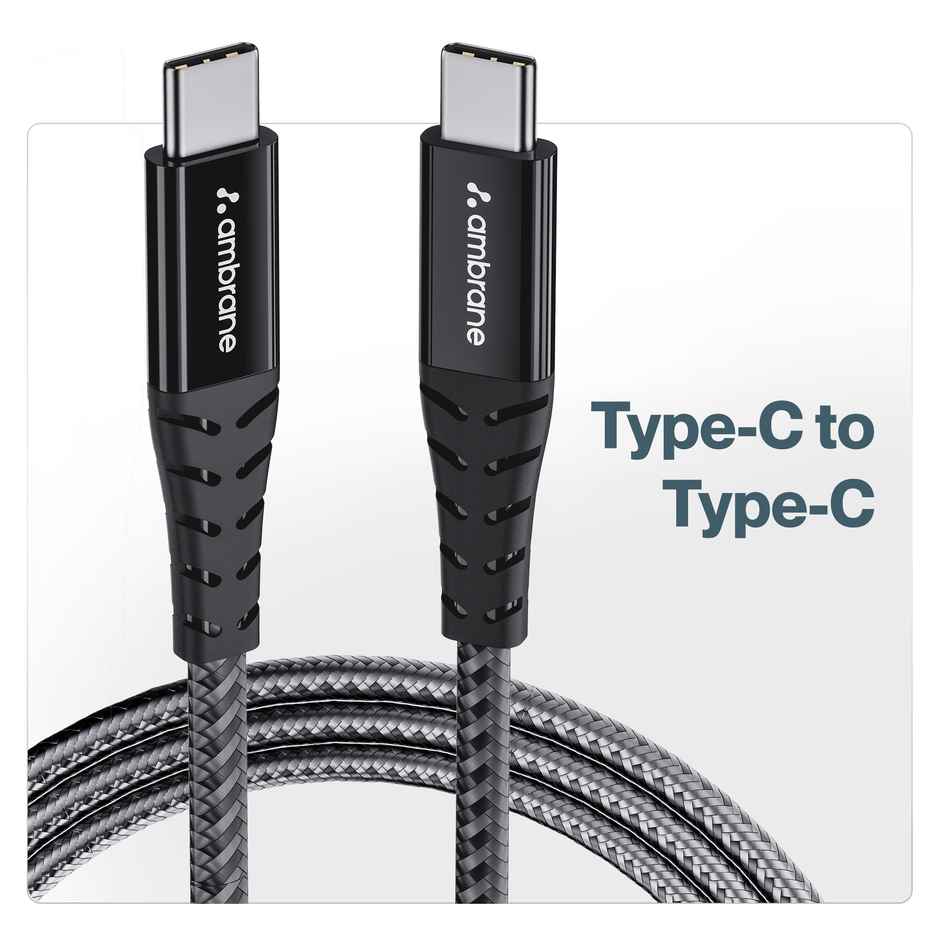 Ambrane RCTT15 Unbreakable 60W Fast Charging 1.5M Braided Type C to Type C Cable for Smartphones, Tablets, Laptops & Other Type C Devices, PD Technology, 480Mbps Data Sync - Black