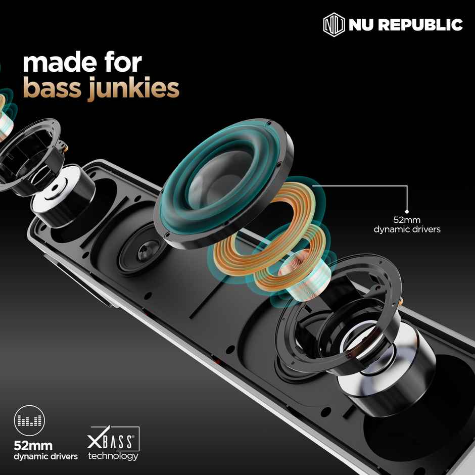 Nu Republic Soundbar 20 Bluetooth Soundbar with X-Bass Technology, 52mm Dynamic Drivers, Upto 12 Hrs Playtime, 20 W Output, Aux/USB Port, 5.0 Channel - Black