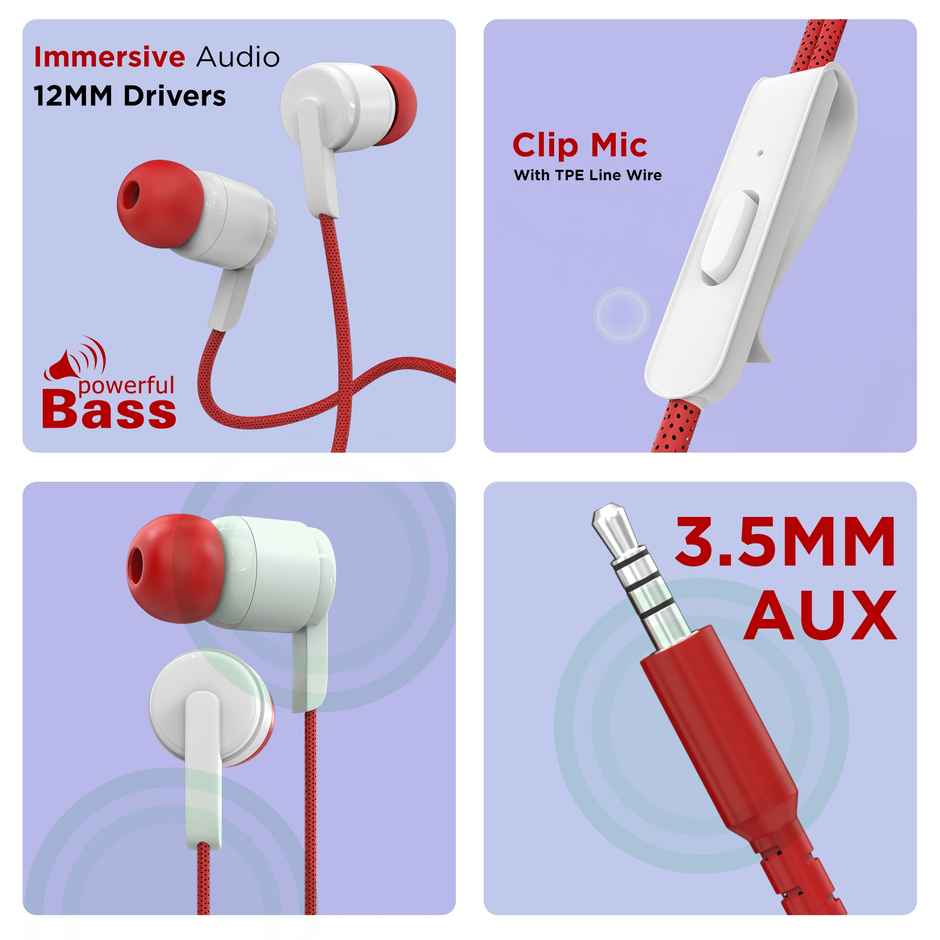 Aroma HF505 Clear Hi-Fi Sound | Deep Bass Wired Earphone with Mic | Red - 3.5 mm Jack