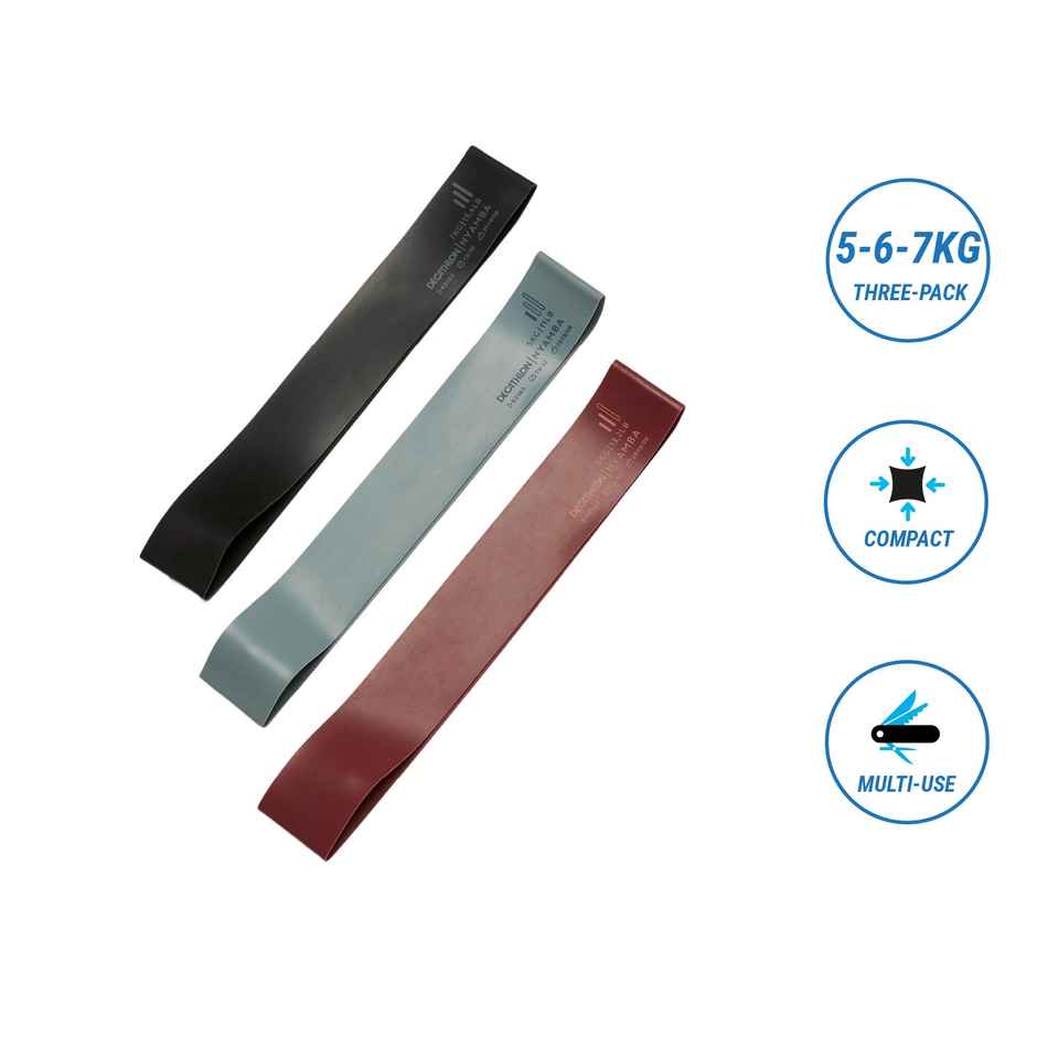 Decathlon Domyos Gym Mini Resistance Band | 5-6-7 kg | Turquoise/Burgundy/Black