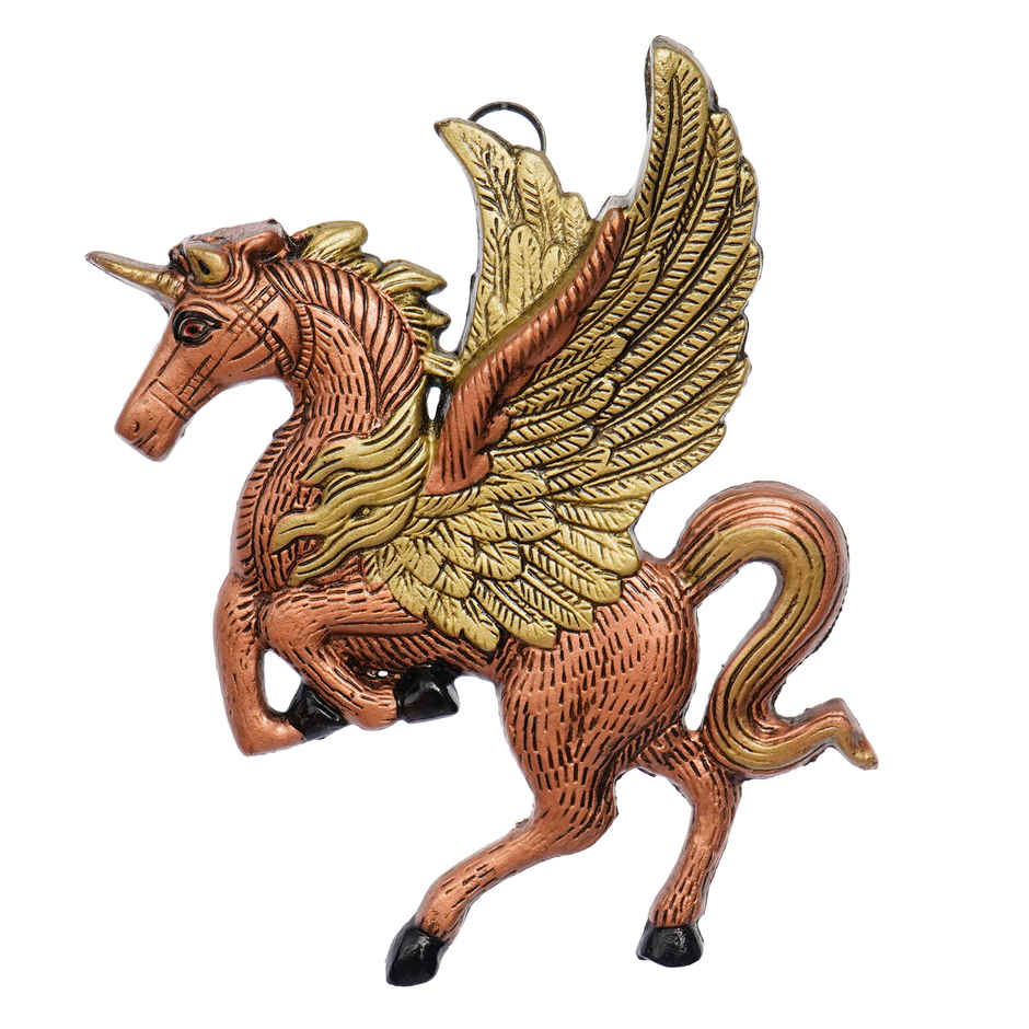 eCraftIndia Golden and Brown Metal Flying Horse Animal Wall Hanging Decorative Showpiece