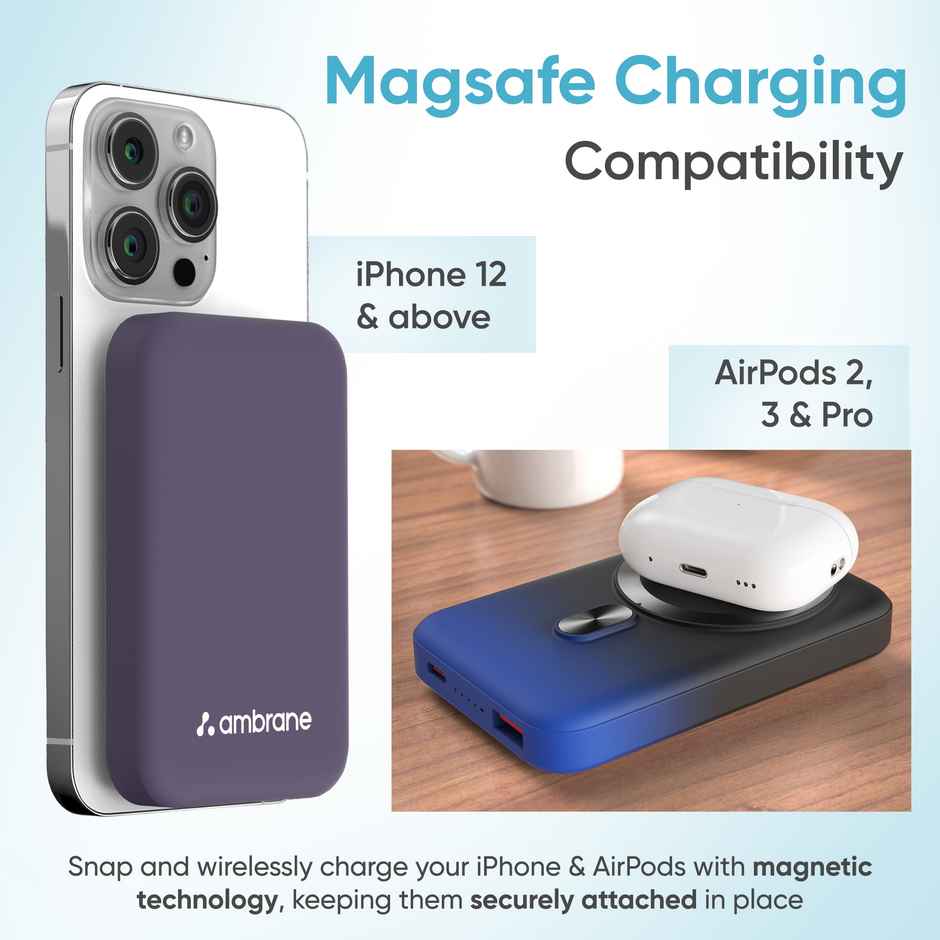 Ambrane Magsafe Wireless 10000Mah Fast Charging USB Type-C Input Power Bank, Strong Magnet, 22.5W Output For iPhone 12 & Above, Android & Other Qi Enabled Devices + Magnetic Ring (Snap, Blue)