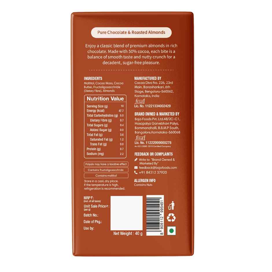 Lo Foods Almond Sugar Free Dark Chocolate Bar | Premium Cocoa Butter Healthy Chocolate