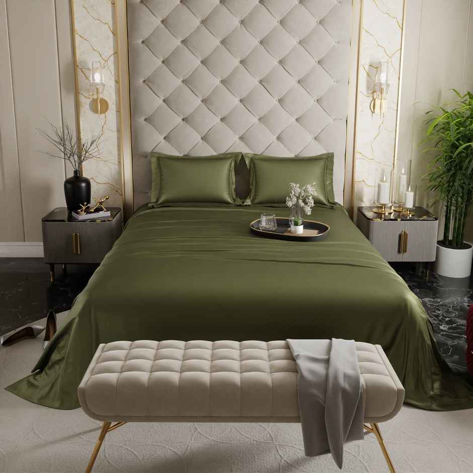 Stoa Paris Olive Oasis Flat Bedsheet Set - Double - 2 Pillow Covers