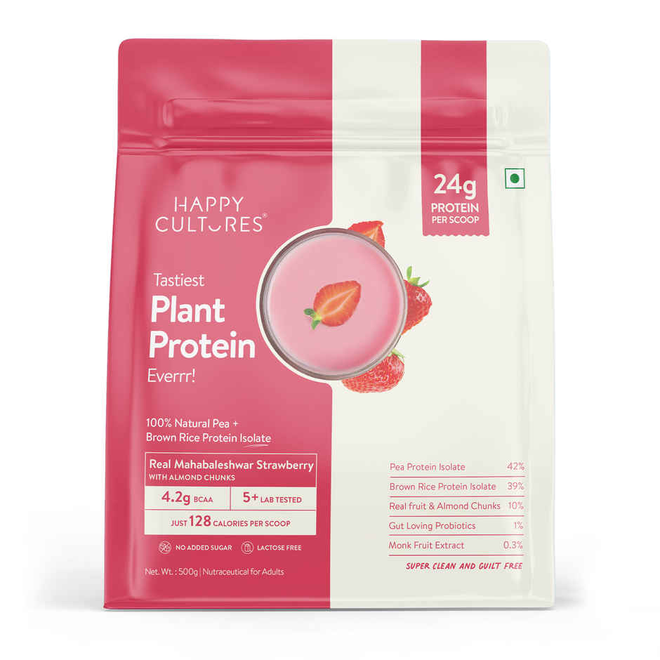 Happy Cultures Plant Protein | Real Strawberry with Almond |24G Protein | Pea & Brown Rice Protein
