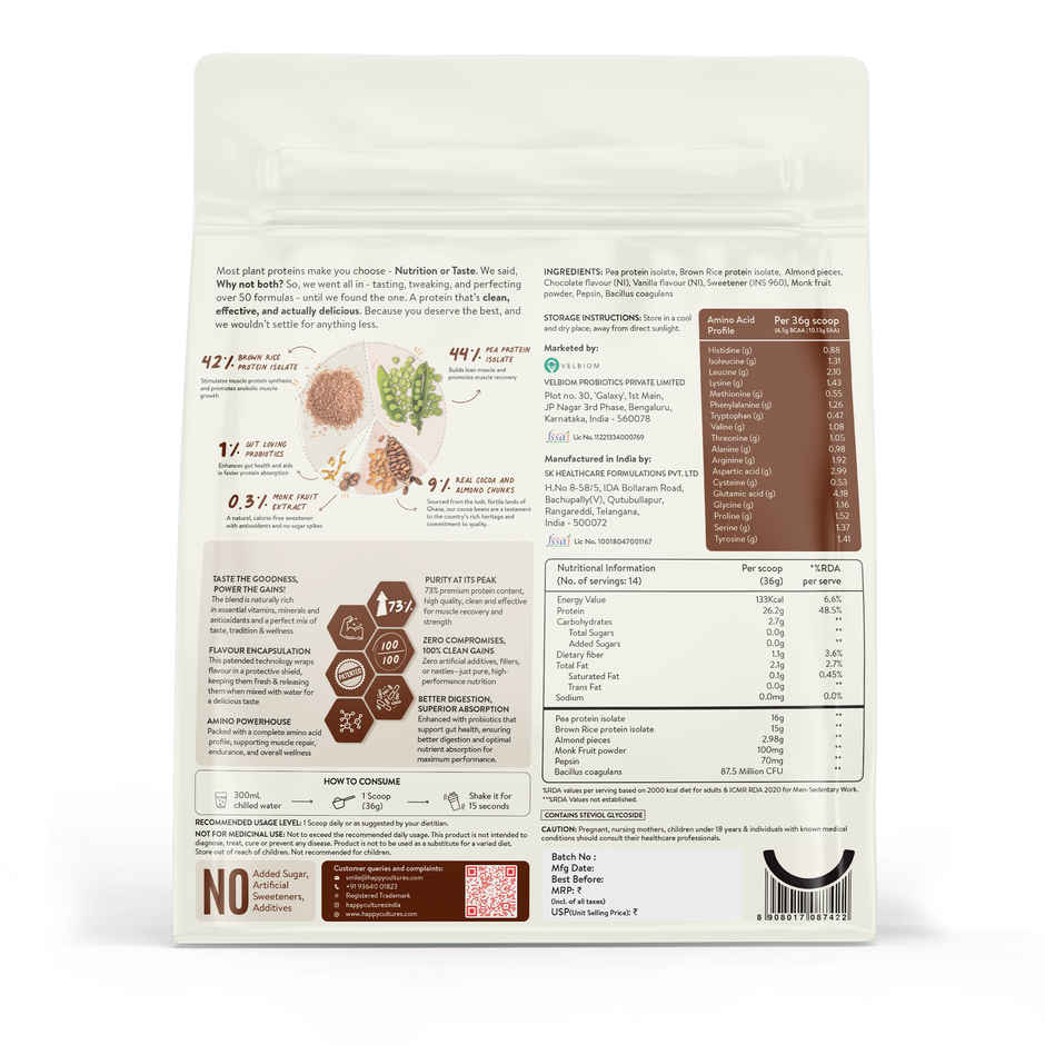 Happy Cultures Plant Protein | Chocolate - Real Ghana Cocoa | 26G Protein| Pea & Brown Rice Protein