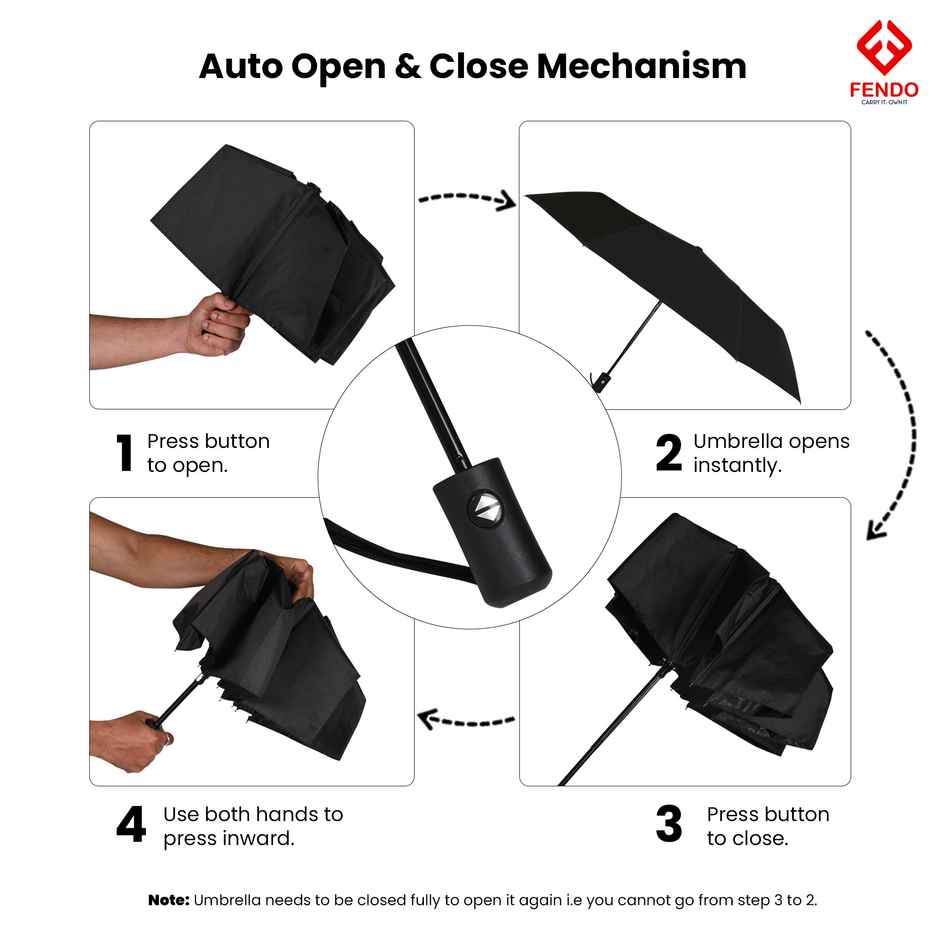 Fendo 3-Fold Auto Open Close Umbrella | Compact, Windproof, UV Coated | Black - 23.5 in