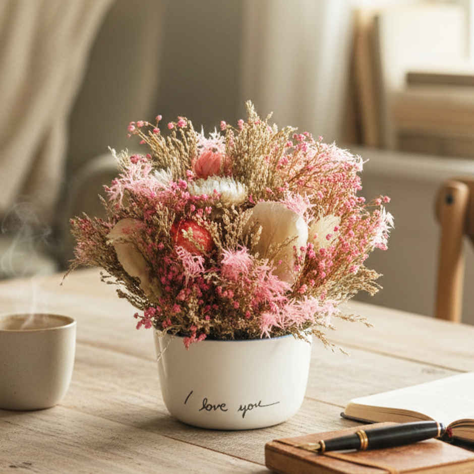 Pink Blossom Dry Flowers in Ceramic Vase with Fragrance Spray | Ideal for Gifting | IRIS