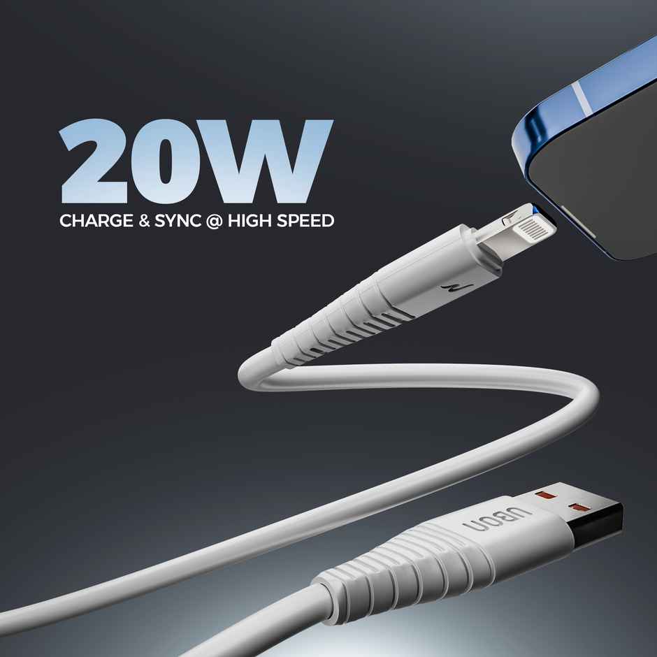 UBON 20W Fast Charging 1mtr USB to Ligthning Braided Cable, 50000+ Bend Test - White