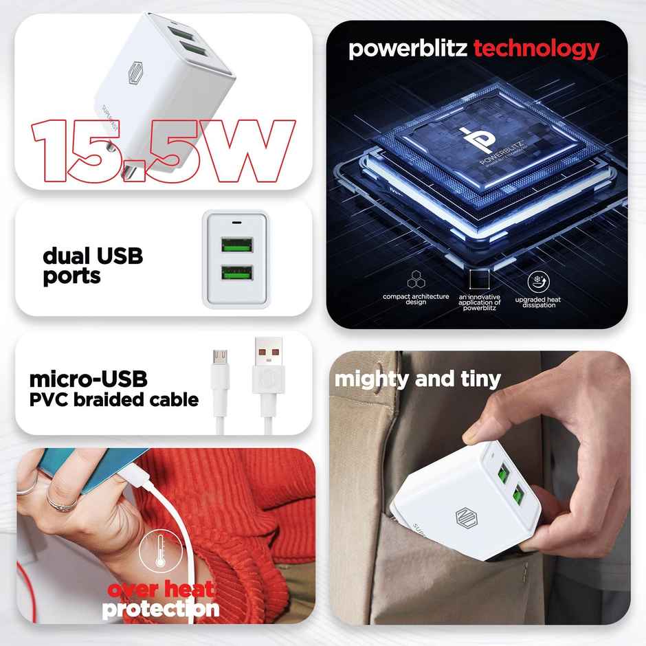 Nu Republic 15.5W Dual USB Port Superfast Charger Multiport Adapter + Cable, Micro USB to USBA - White