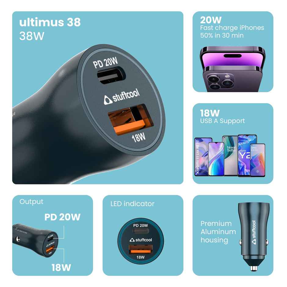 Stuffcool Ultimus 38W Dual Port Type C 20W + 18W QC3.0 USB A car Charger Supports Fast Charging Charges iPhone 50% in 30 mins, Compact Shape, Aluminium Body - Blue