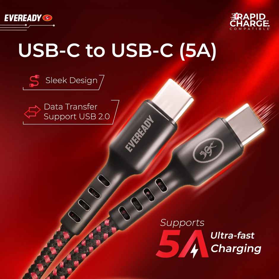 Eveready Nylon Braided Charging Cable | 100W | Type C to Type C | 1.5m Length | 5A