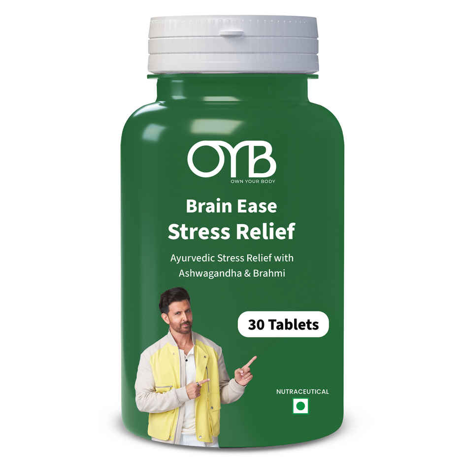 OYB Brain Ease Stress Relief with Ashwagandha & Brahmi for Calm Mind, Focus & Anxiety | 30 Tablets