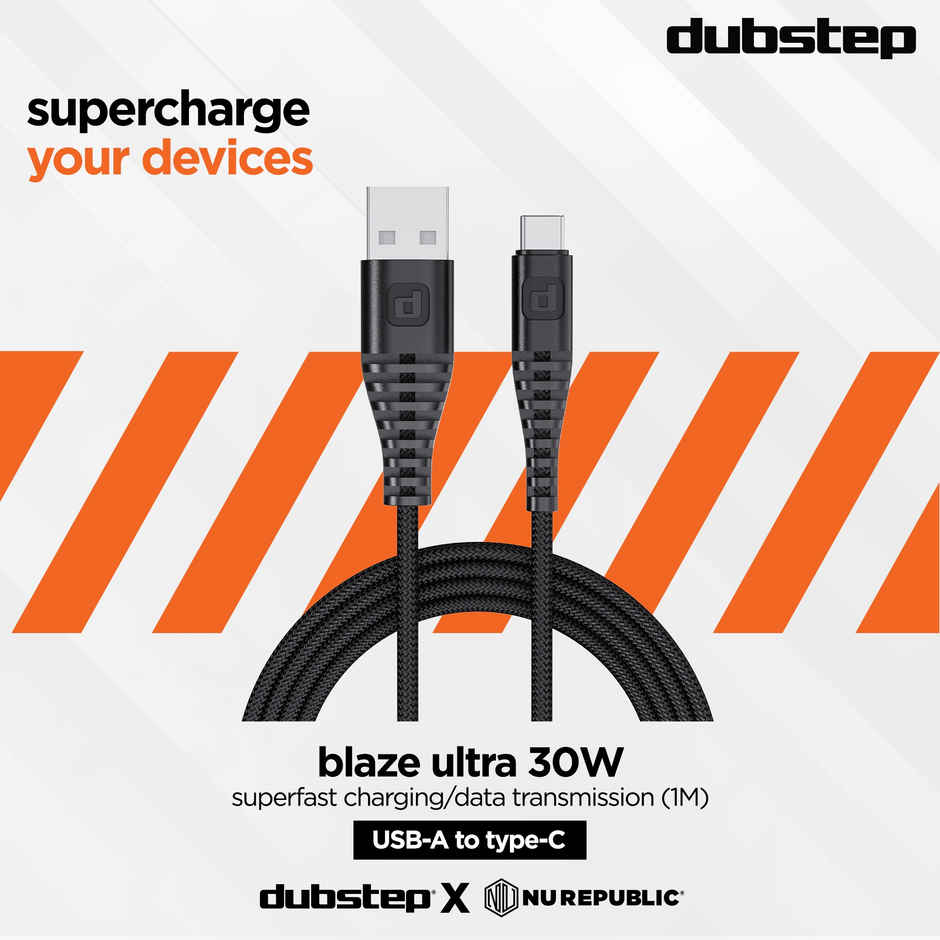 Dubstep Blaze Ultra 30W USB A to Type-C 3.5Amp Fast Charging Tangle Free Sturdy 100 cm Cable for Smartphones, Tablets & Other Type-C Devices with 480 Mbps Data Transmission - Black