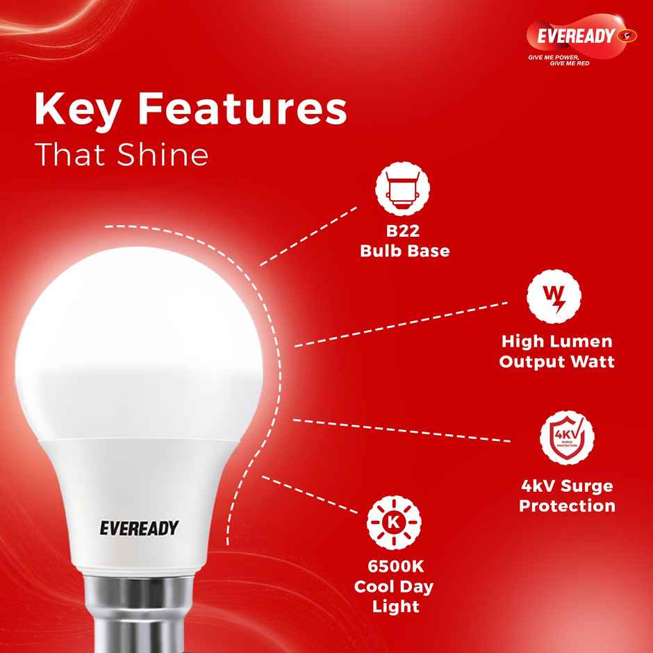 Eveready 9W LED Bulb, Cool Day Light | 6500K, B22 Base, 4kV Surge Protection, Long-Lasting Durability