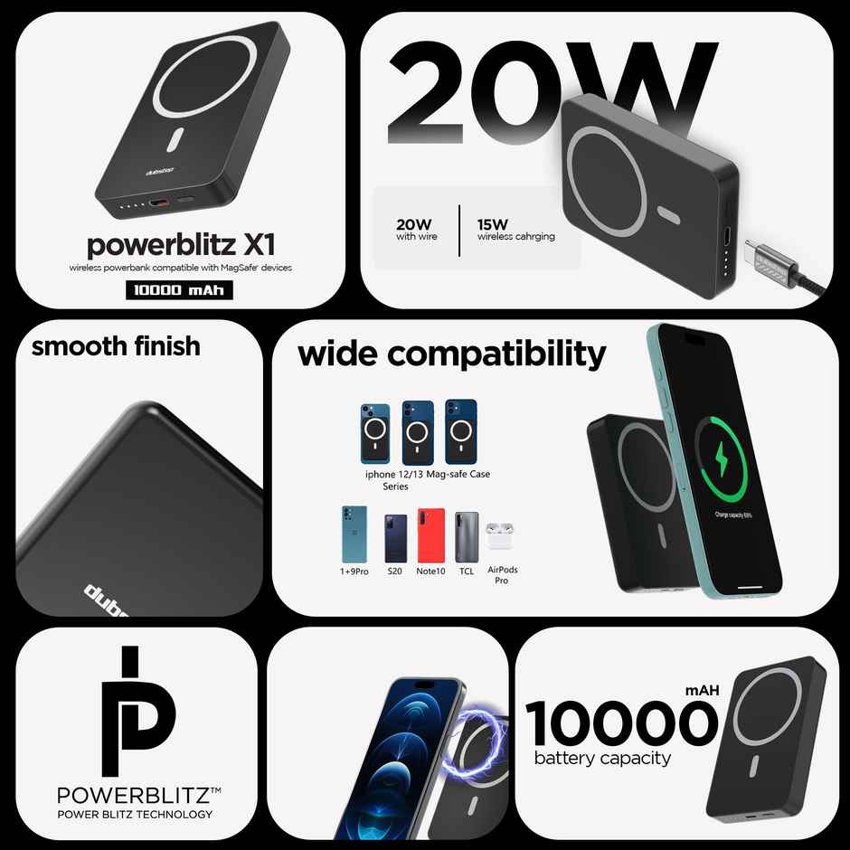 Dubstep Powerblitz X1 10,000 mAh 20W 12W Fast Charging Wired & Wireless Charging Compact Pocket Size Power Bank with Type-C to Type-C Cable - Black 