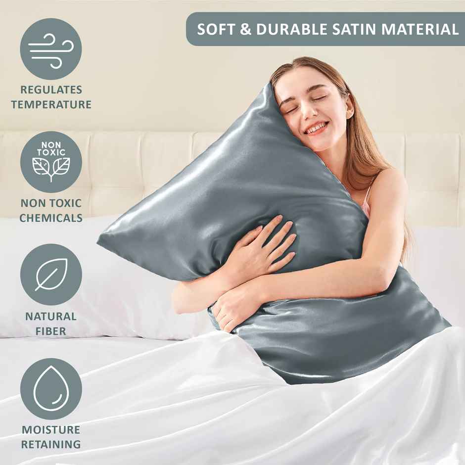 Kuber Industries 2 Pcs Satin Pillow Covers for Hair with 3 Scrunchies for Women | Ash Grey