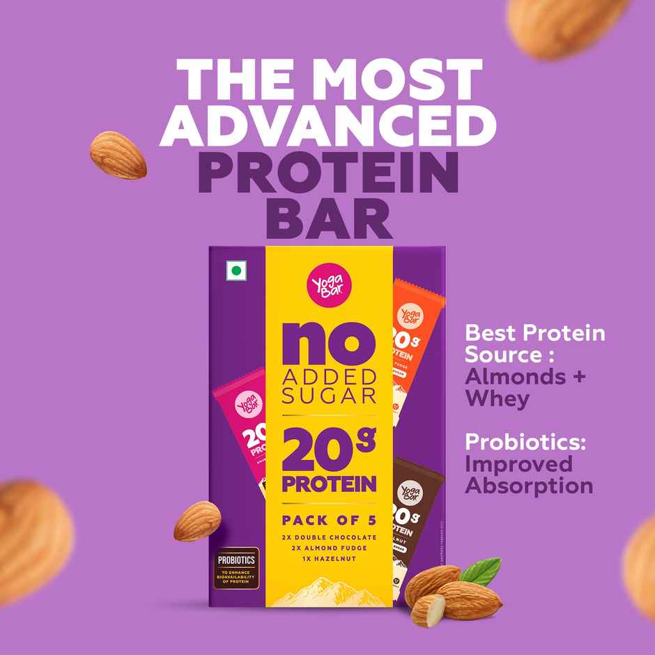 Yoga Bar No Added Sugar 20g Protein Bars|Added Probiotics & Whey| 20g Protein|Pack of 5 x 70g Each