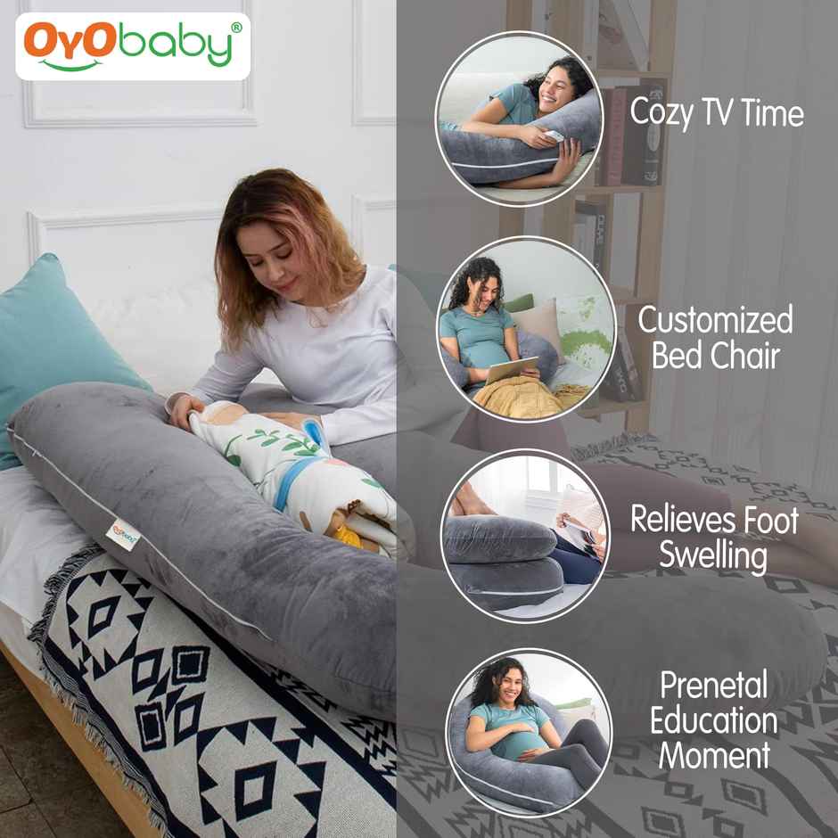 Oyo Baby Pregnancy Pillows For Sleeping J-Shape Full Body Support Velvet Cover Grey