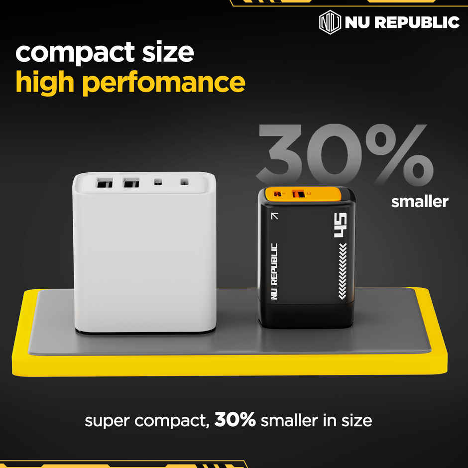 Nu Republic Cybotron 45W Dual Port Gan Superfast Wall Charger, USB & Type C Port, QC PD Technology with Type-C to C Cable, Supports MacBook, Type-C Laptops, iPhone, Samsung, OnePlus etc (Black)