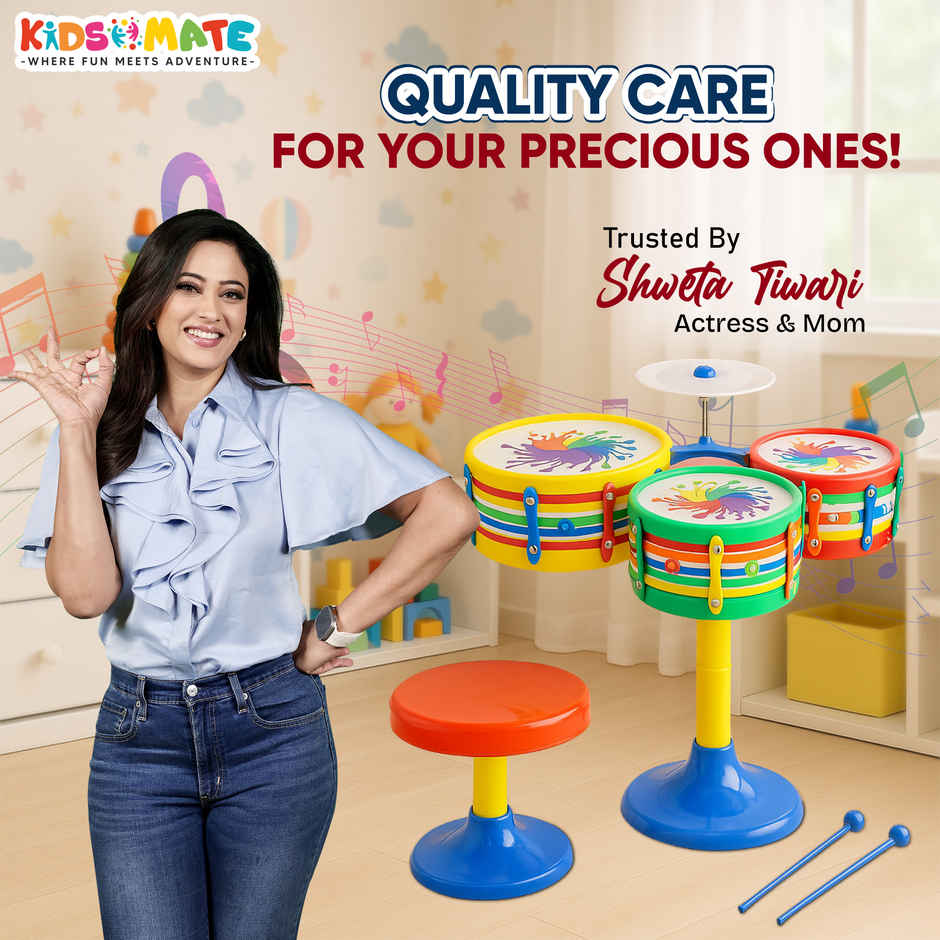 Kidsmate Lil Beats Drum Set for Kids| 3 Drums, 1 Cymbal, Drumsticks & Stool | Multicolor