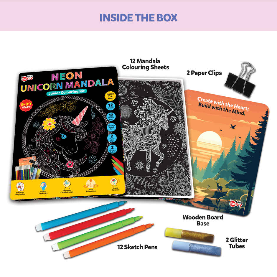 Little Berry Junior Neon Unicorn Mandala Art Colouring Kit - Art Craft Kit Girls - Lb91