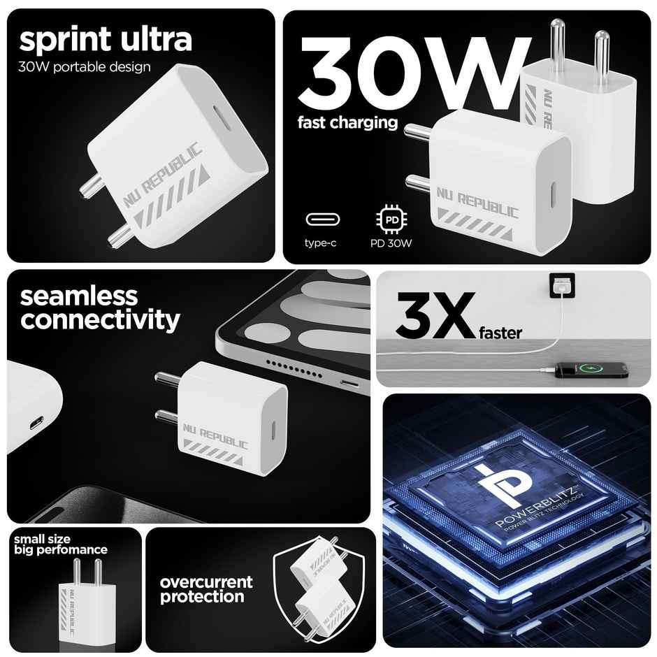 Nu Republic Sprint Ultra 30W USB-C Charger PD 3.0 with Type-C to Type-C Cable Supports All Fast Charging Technologies - White