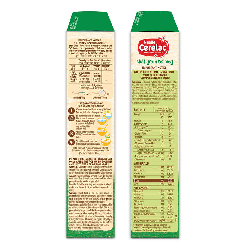 Nestle Cerelac Baby Cereal With Milk Multigrain Dal Veg - Stage 4 | 12 To 24 Months