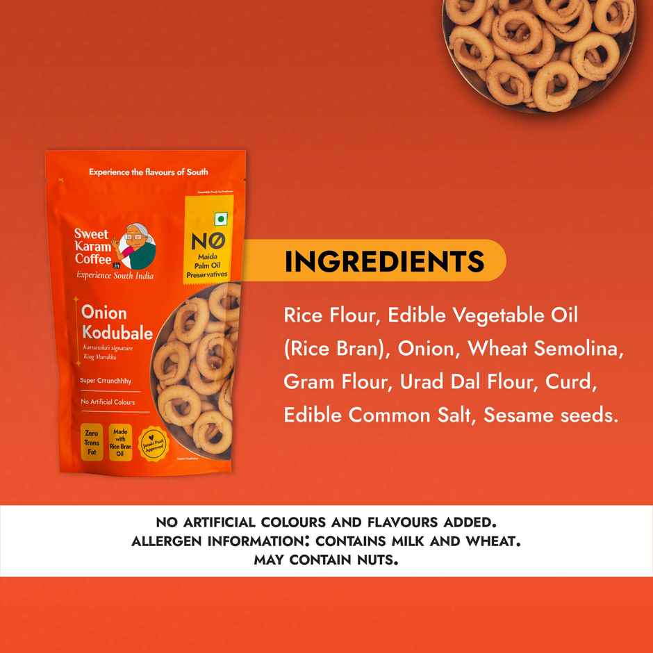 Sweet Karam Coffee Ribbon Pakoda 95.0 Gram(95gms) & Sweet Karam Coffee Onion Kodubale/ Chakli / Ring Murukku 96.0 Gram(96gms) Combo