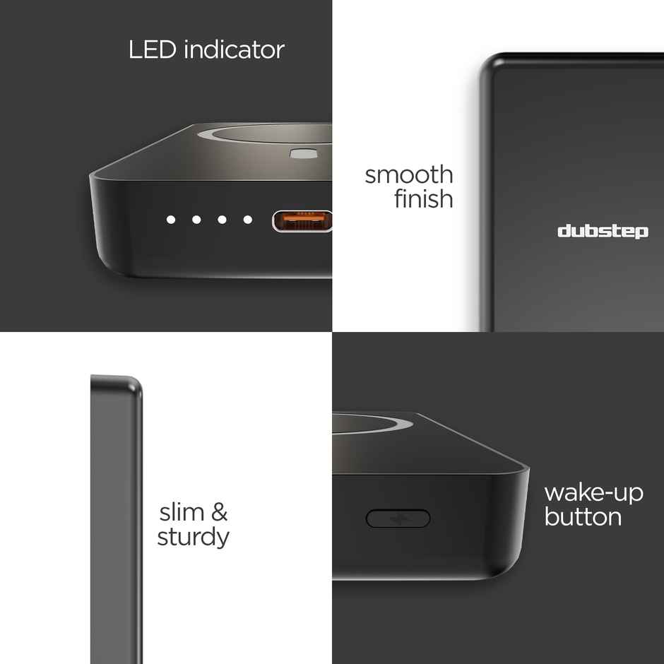Dubstep Powerblitz X1 10,000 mAh 20W 12W Fast Charging Wired & Wireless Charging Compact Pocket Size Power Bank with Type-C to Type-C Cable - Black 