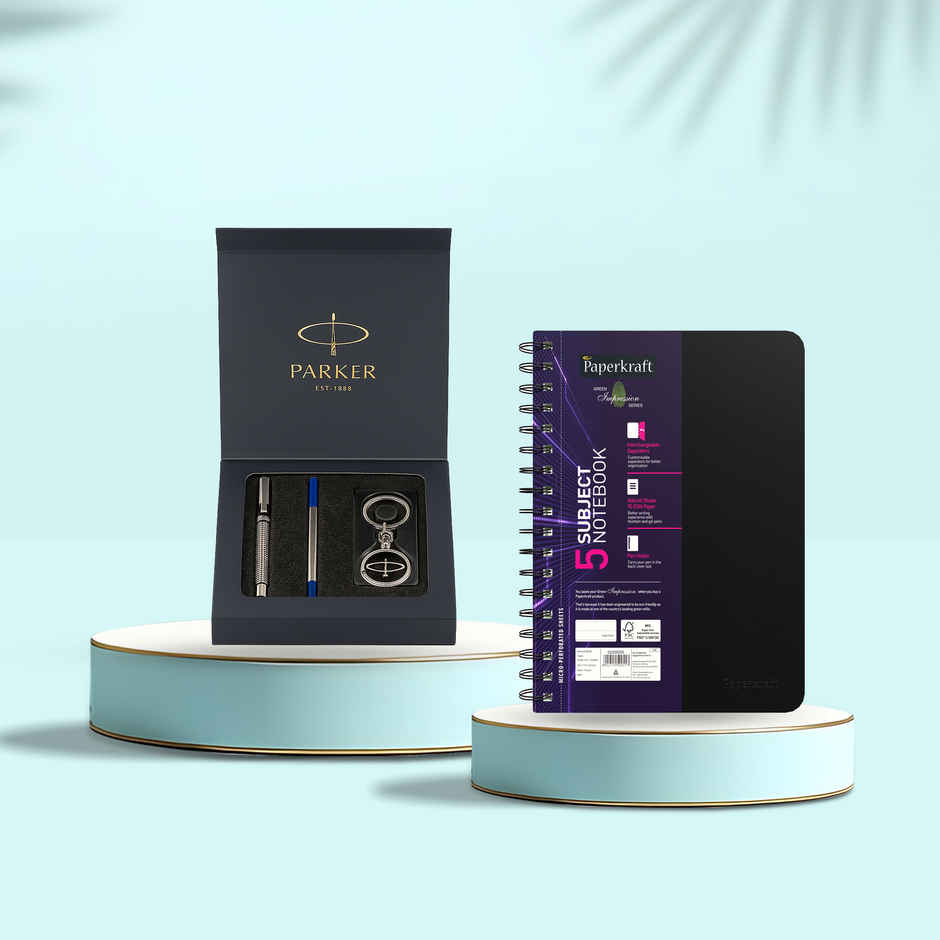 Parker Gift Set - (Parker Vector Special Edition Chrome Trim Roller Ball Pen) |1 Pen + 1 Key Chain (1pc) & Paperkraft Single Line Executive Notebook (300 Pages) (1pc) Combo