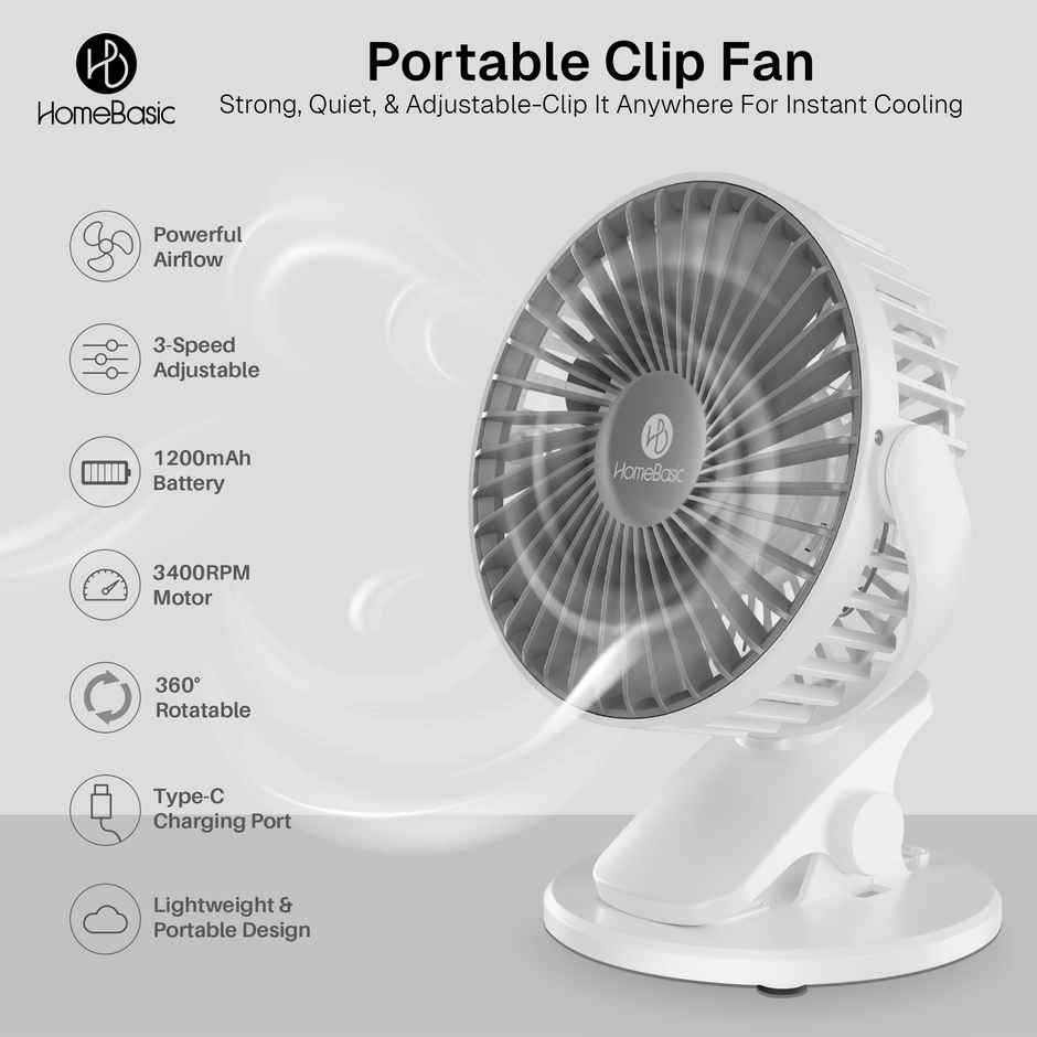 Homebasic USB Portable Mini Table Fan, 2-in-1 Clip & Desk Fan, White