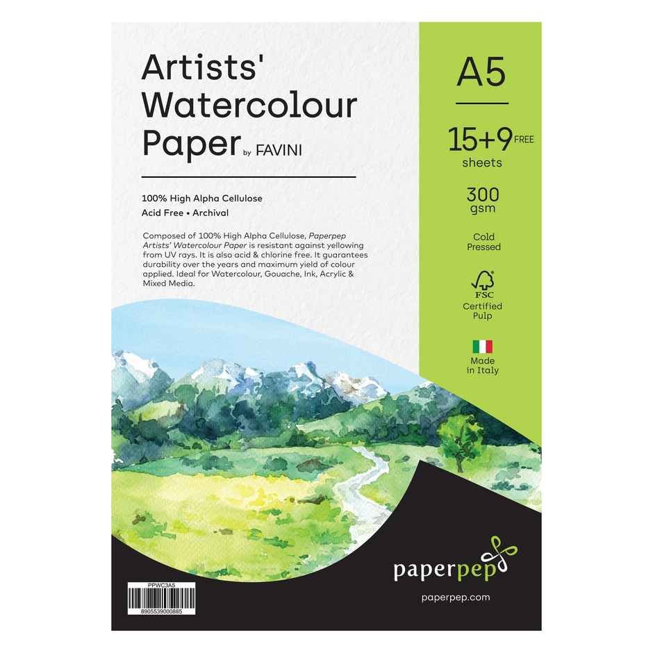 PaperPep Artists' Watercolour Paper 300GSM Cold Pressed A5 Pack of 24 Sheets